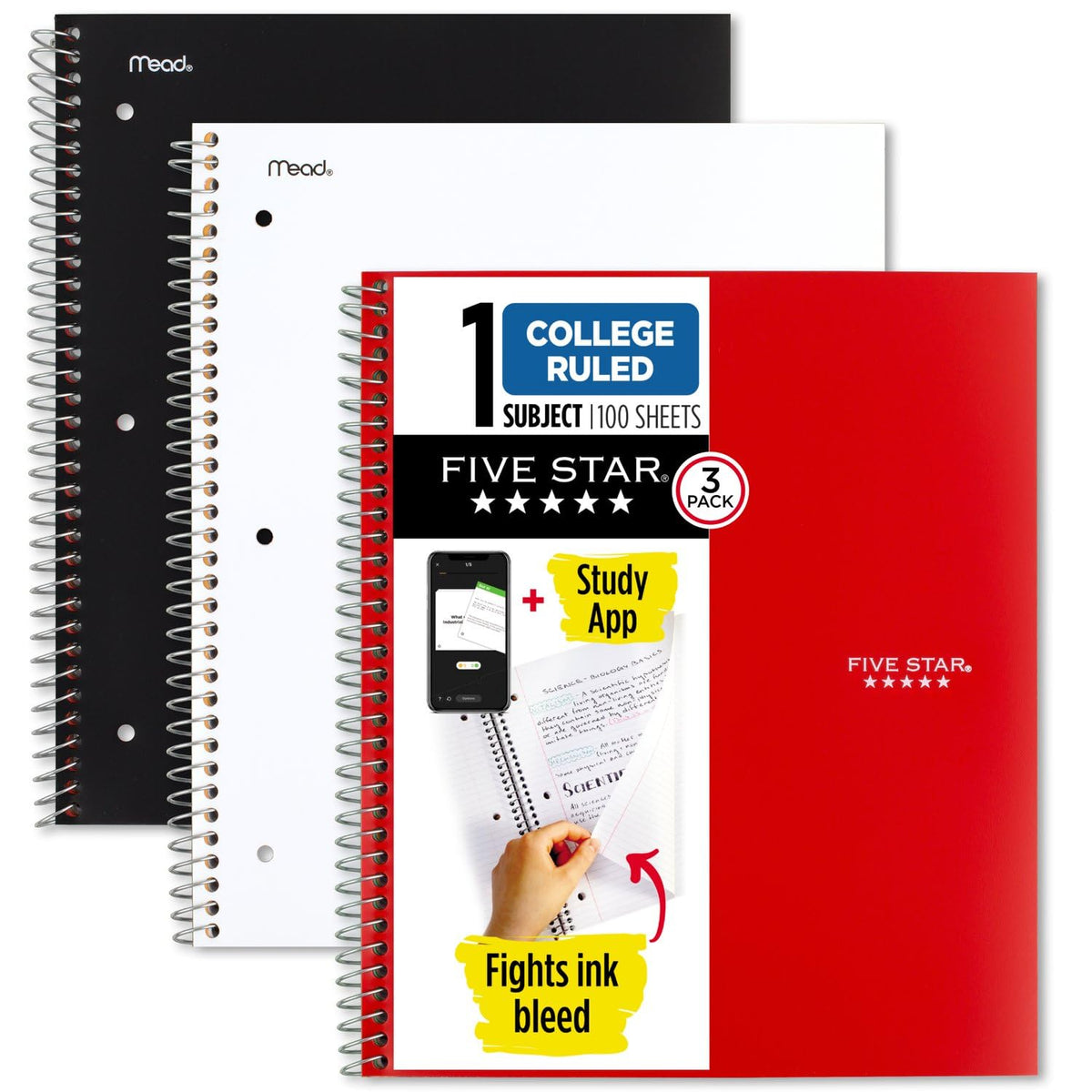 Five Star Spiral Notebooks + Study App, 3 Pack, 1 Subject, College Ruled Paper, Pockets, 100