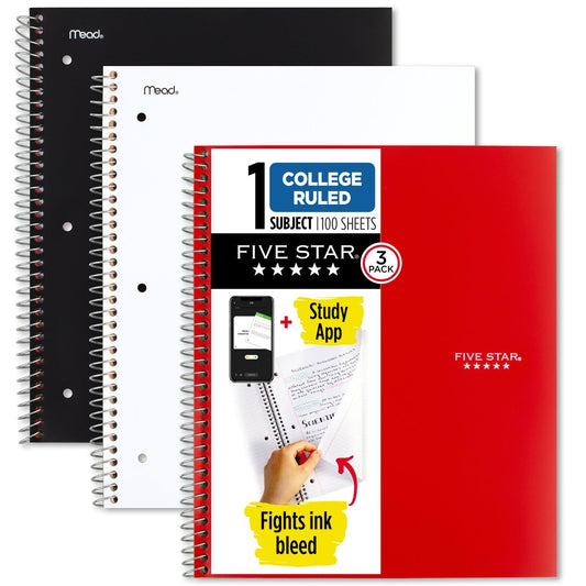 Five Star Spiral Notebooks + Study App, 3 Pack, 1 Subject, College Ruled Paper, Pockets, 100