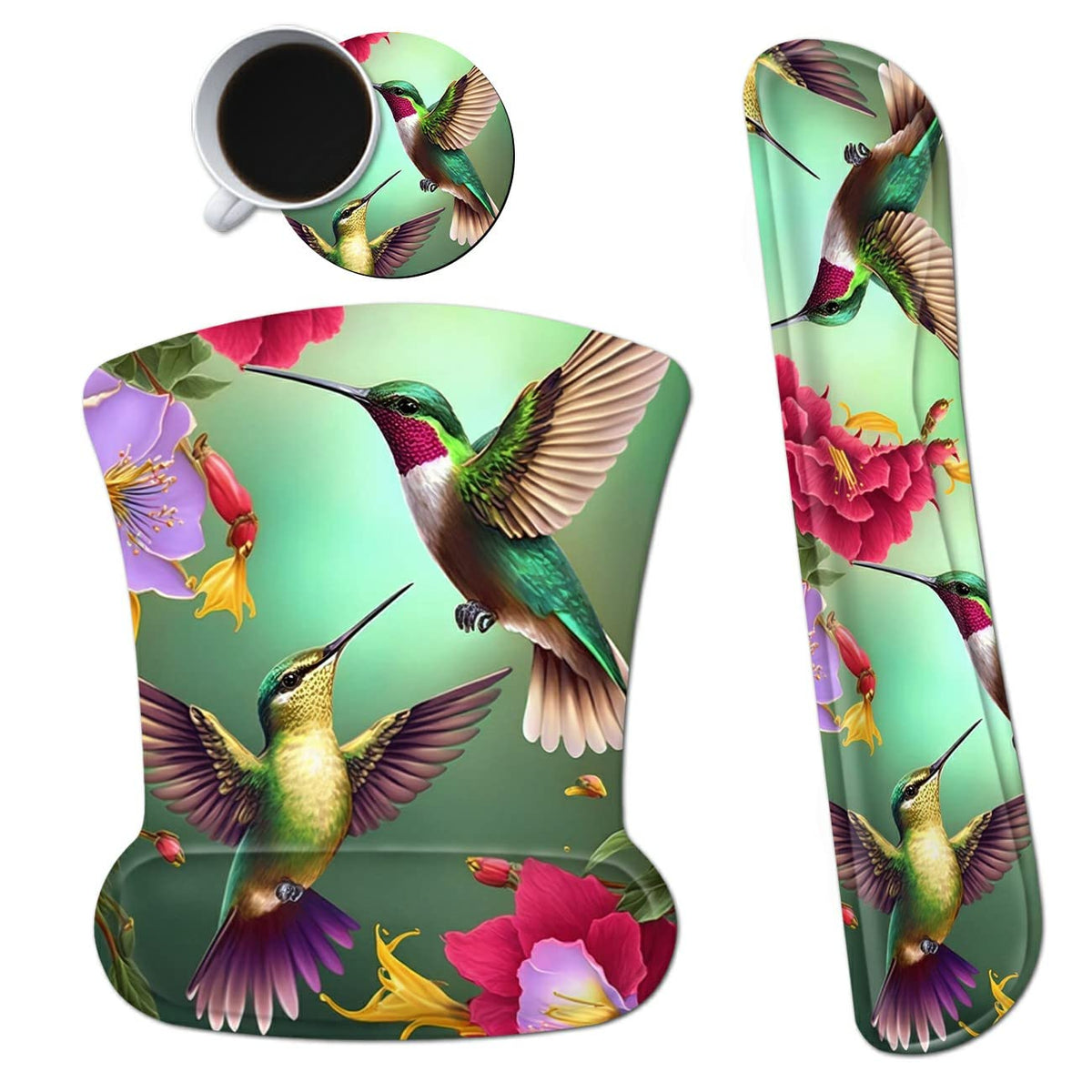 3Pcs Ergonomic Memory Foam Keyboard Wrist Rest Pad Set, Floral Hummingbird