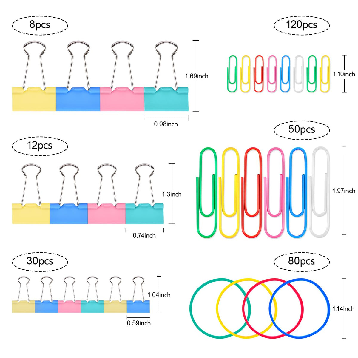 Sopito 300pcs Paper Clips, Binder Clips & Rubber Bands, Colored Set