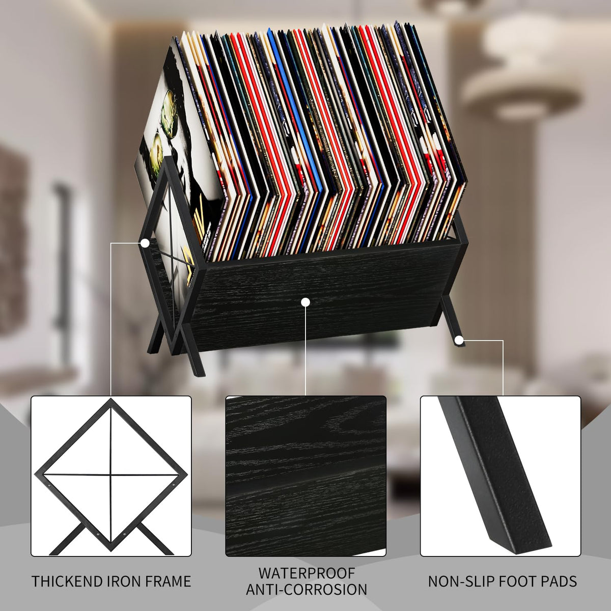 YINMIT Vinyl Record Holder - 80-100 LP Vinyl Record Storage Rack, Quick Assembly Display, Retro