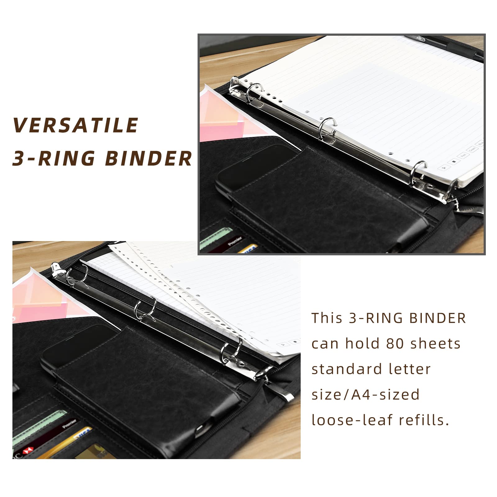WRIYES Zippered Portfolio Organizer with 3 Ring Binder, Black
