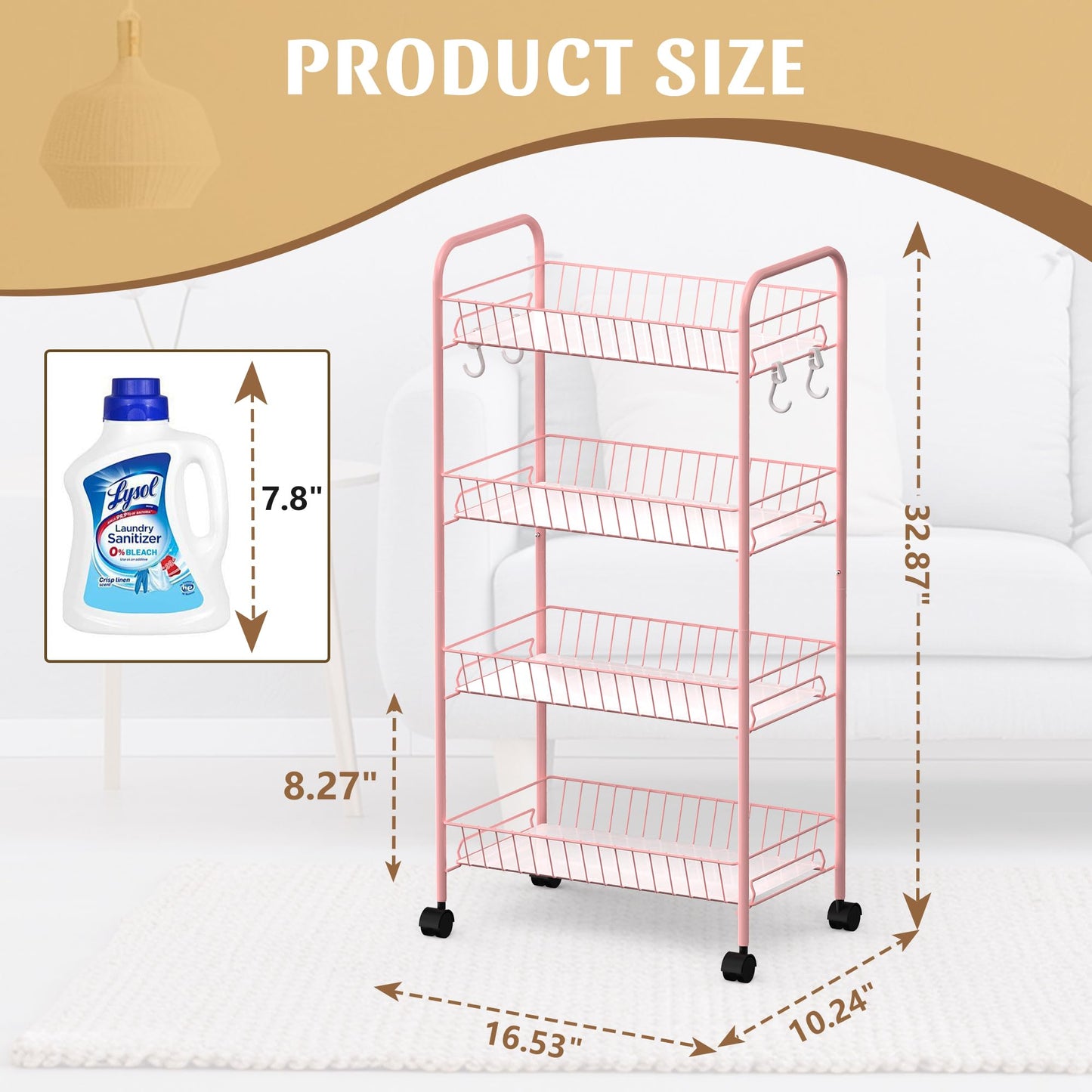 PLKOW 4-Tier Rolling Utility Cart with Detachable Baskets, Pink