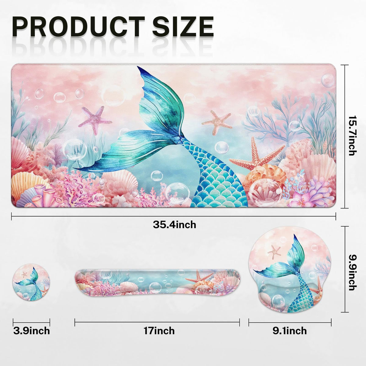Britimes Keyboard Mouse Pad Set, 4 in 1 Desk Mat Set, Mermaid Pink Cute