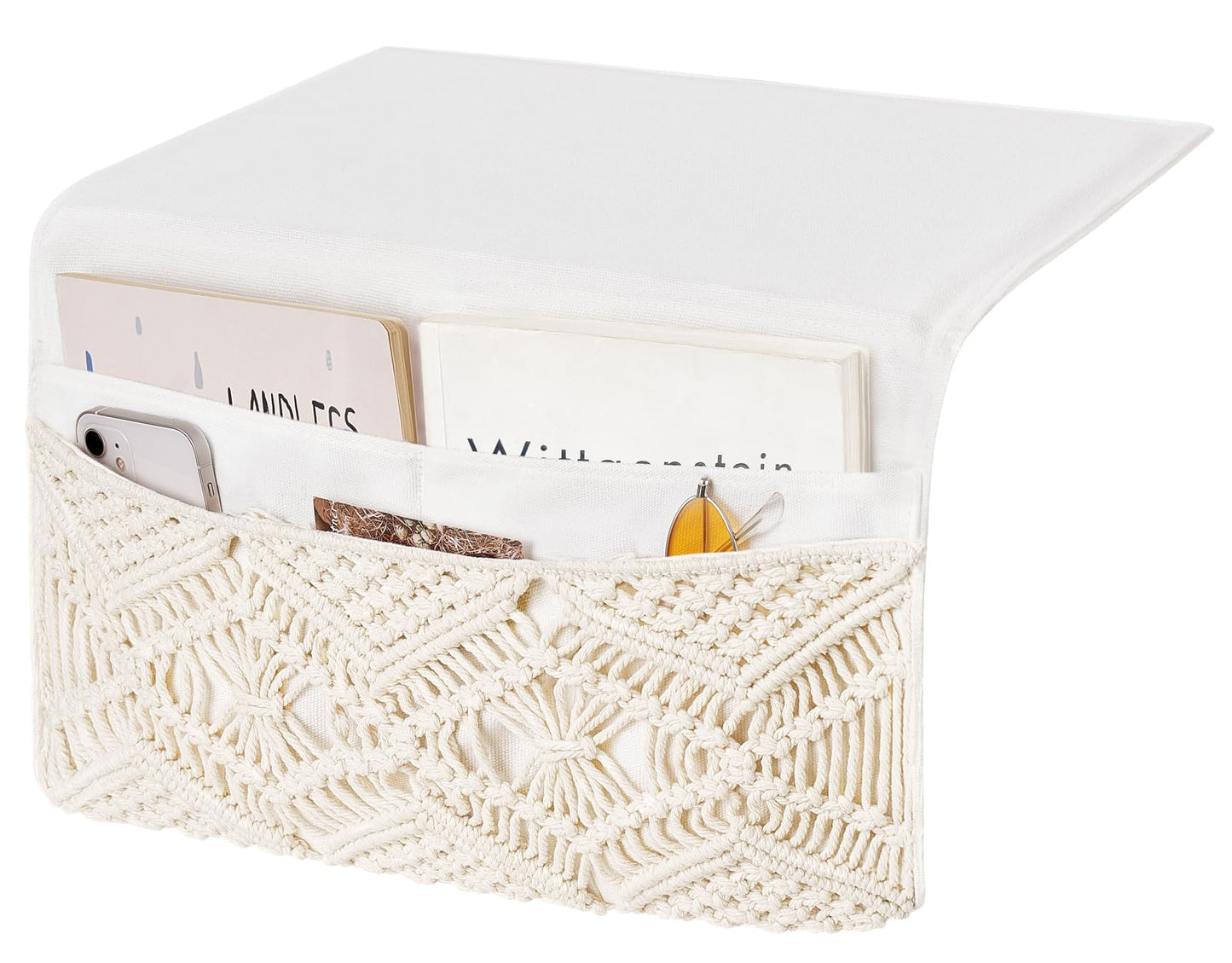 Mkono Macrame Bedside Caddy, Boho Bed Storage Organizer, 4 Pockets Ivory