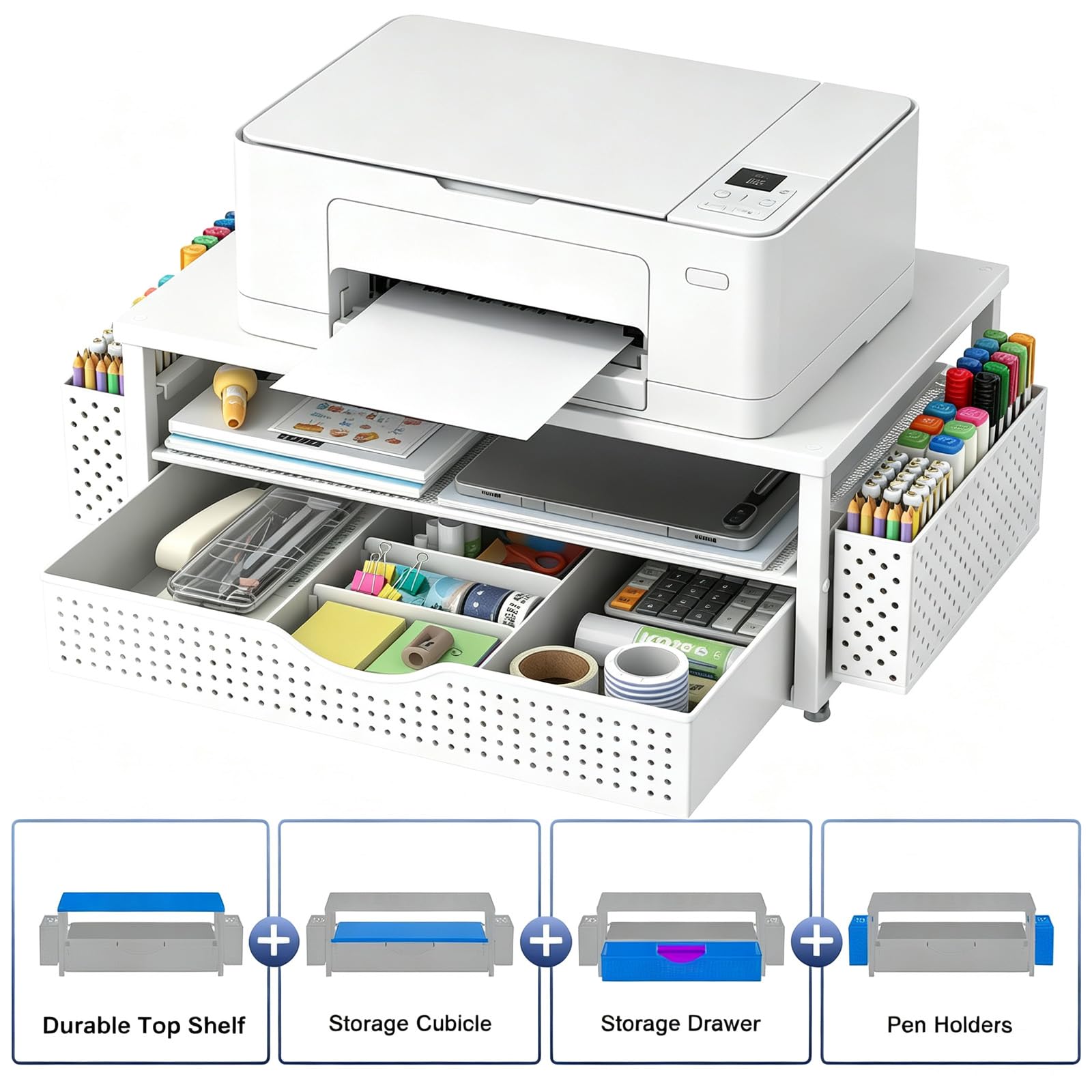Spacrea Desk Organizers and Accessories, Printer Stand with Storage, White