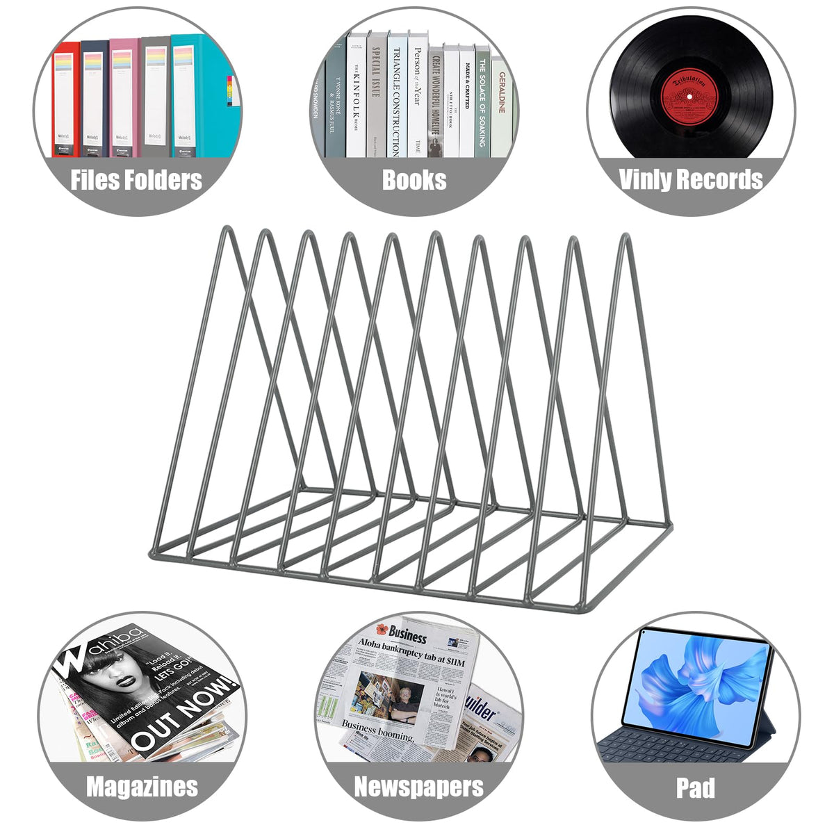 EASEPRES Vinyl Record Holder Storage, 9 Slot Metal Magazine Book Album Display Rack, Stylish