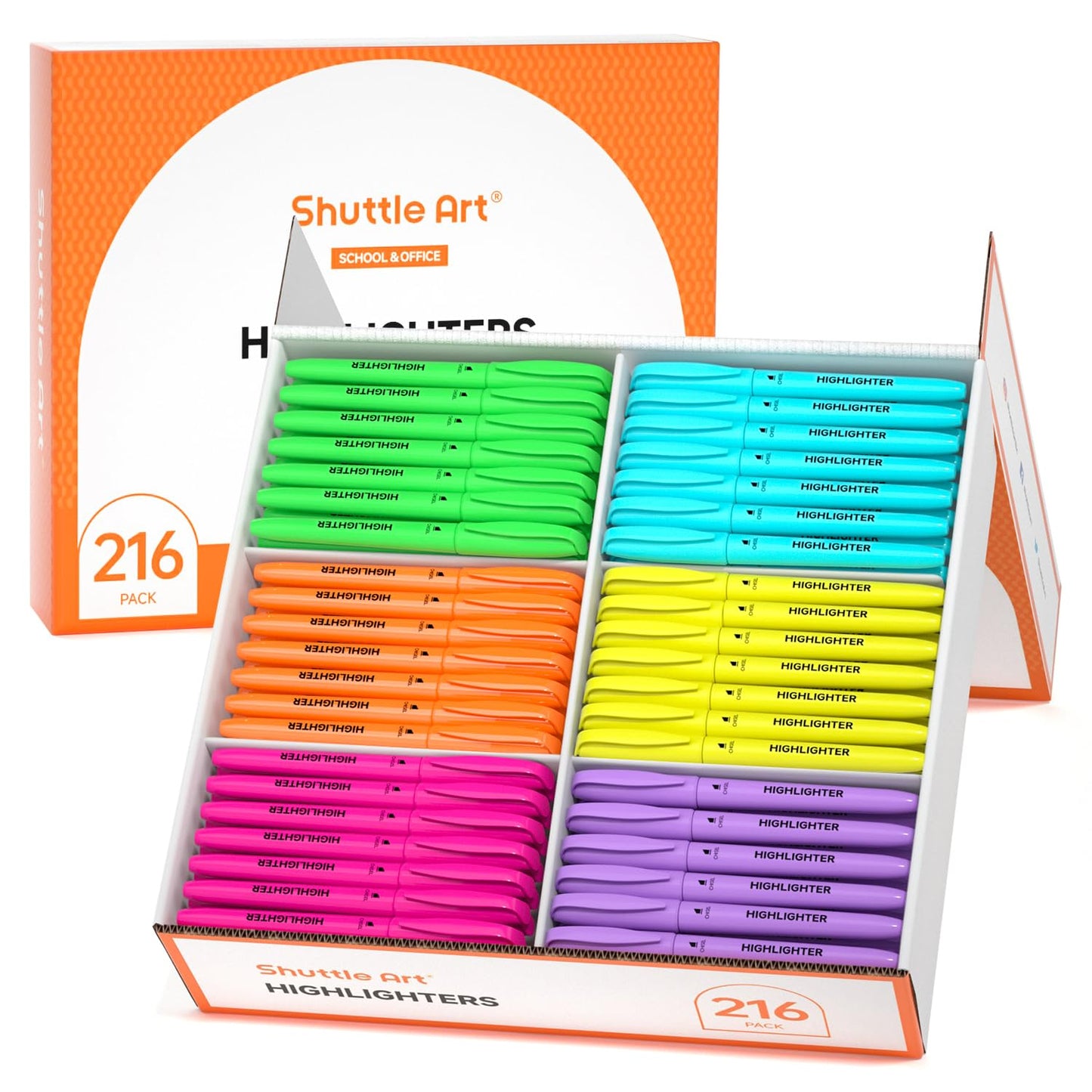Shuttle Art 216 Pack Highlighters, Assorted Colors Marker Set, 6 Bright Colors Chisel Tip