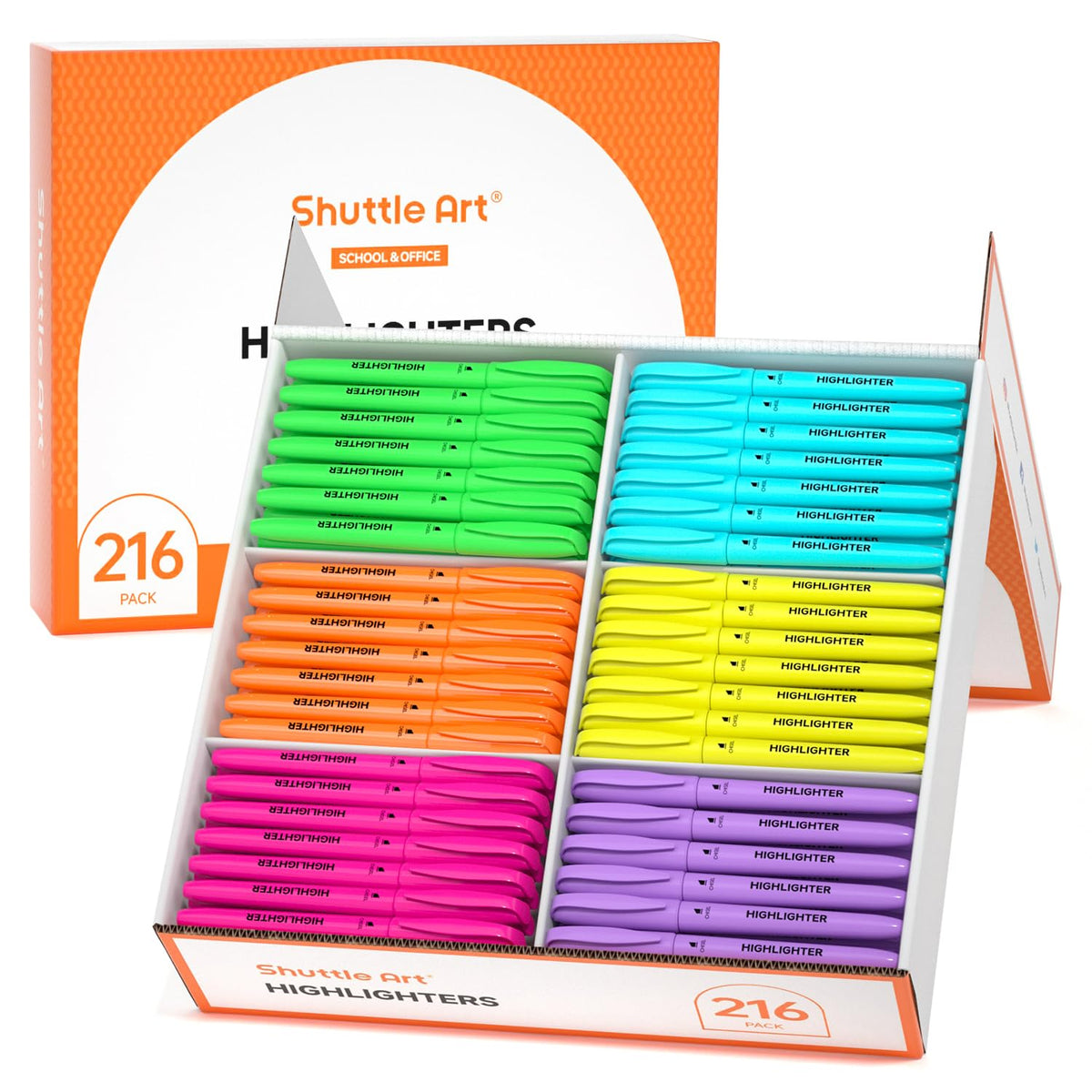 Shuttle Art 216 Pack Highlighters, Assorted Colors Marker Set, 6 Bright Colors Chisel Tip