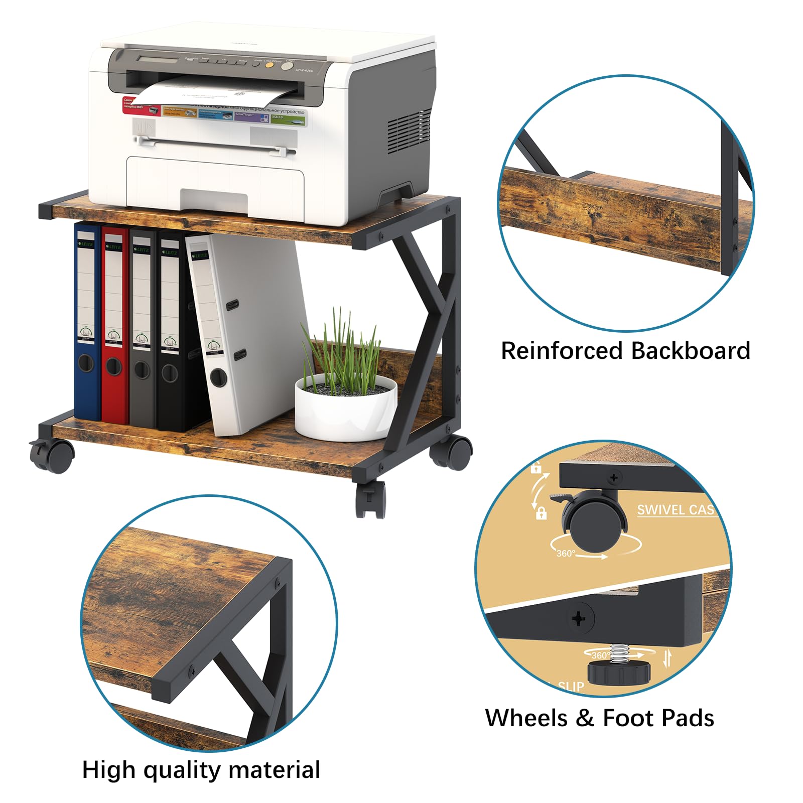 aboxoo Desktop Printer Stand with 2 Tier Wood Storage Shelves,Under Desk Printer