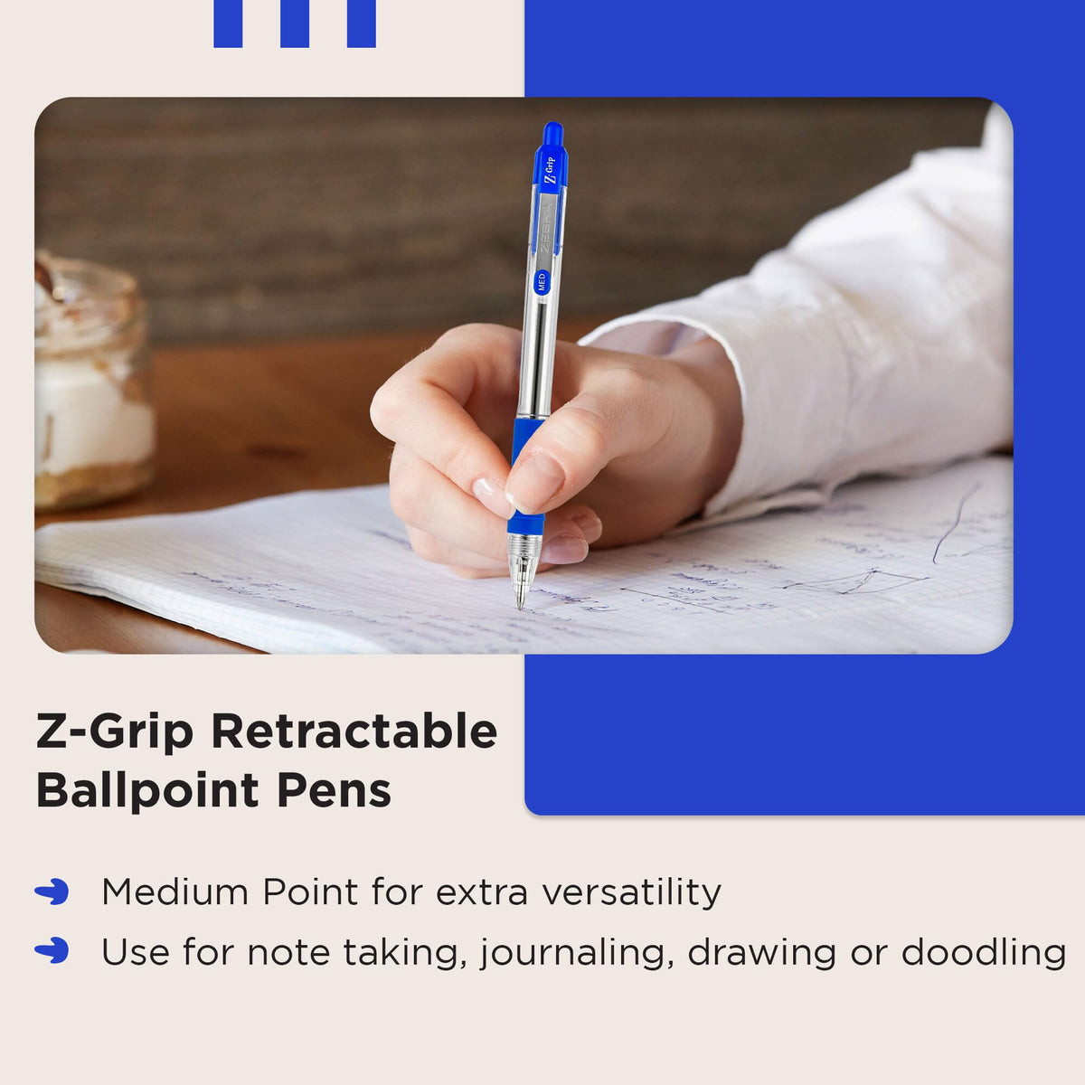 Zebra Pen Z Grip Blue Ballpoint Pens with Pocket Clip 8pk, Retractable Blue Ink Ballpoint Pens