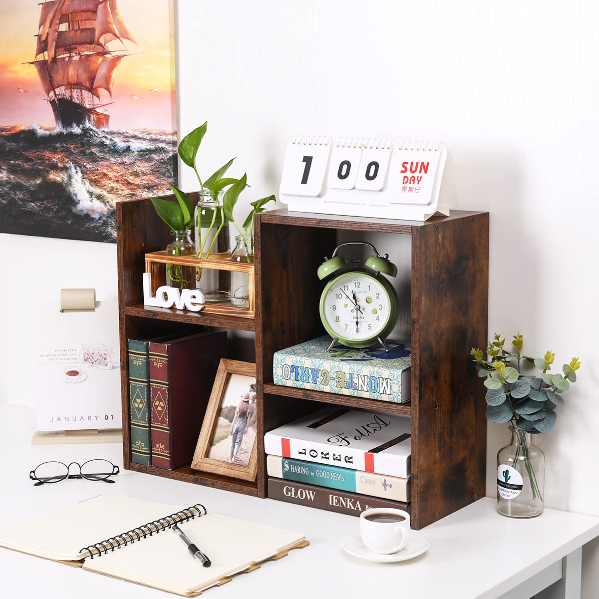 PAG-Mass Desktop Bookshelf Freestanding Wooden Countertop Bookcase Accessories Organizer Display