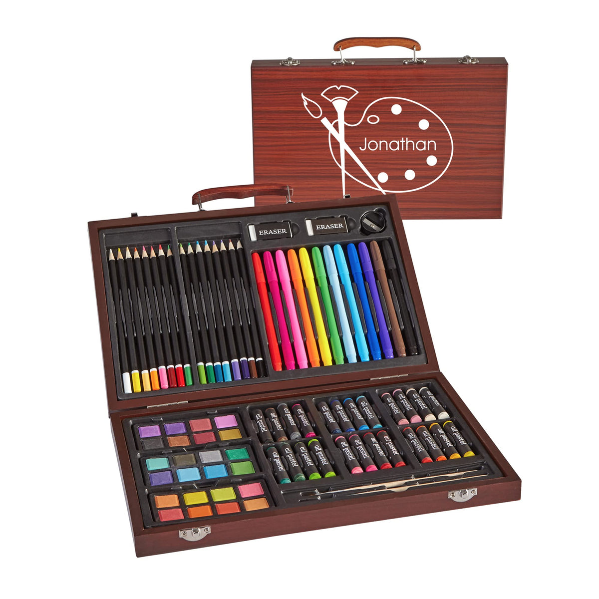 Let's Make Memories Personalized 80-Piece Deluxe Art Set - for Kids - Wood Carrying Case - Oil