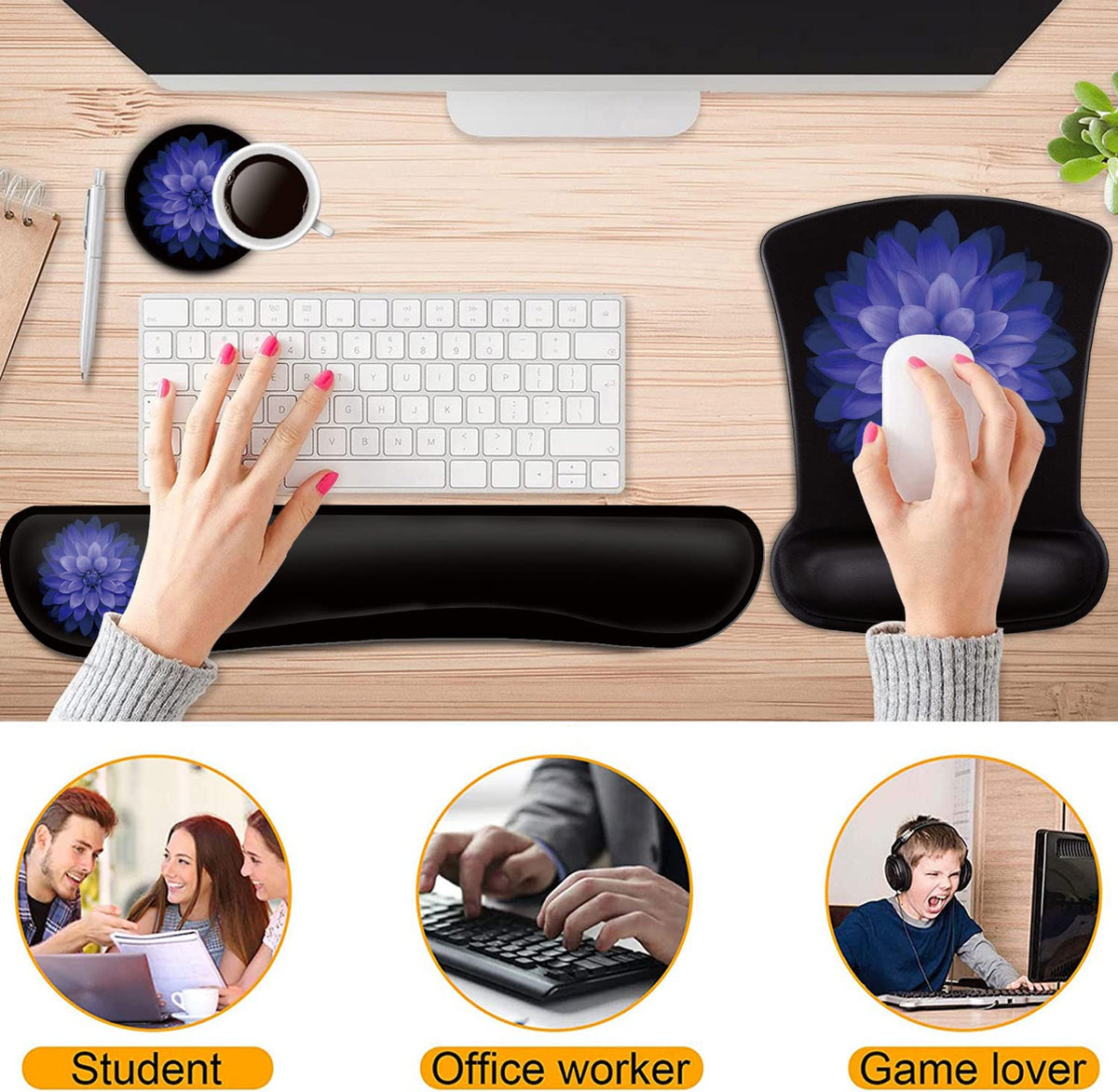 Keyboard Wrist Rest and Mouse Pad Wrist Support Set,Purple Flowers Ergonomic Gel Mouse Pad,Easy