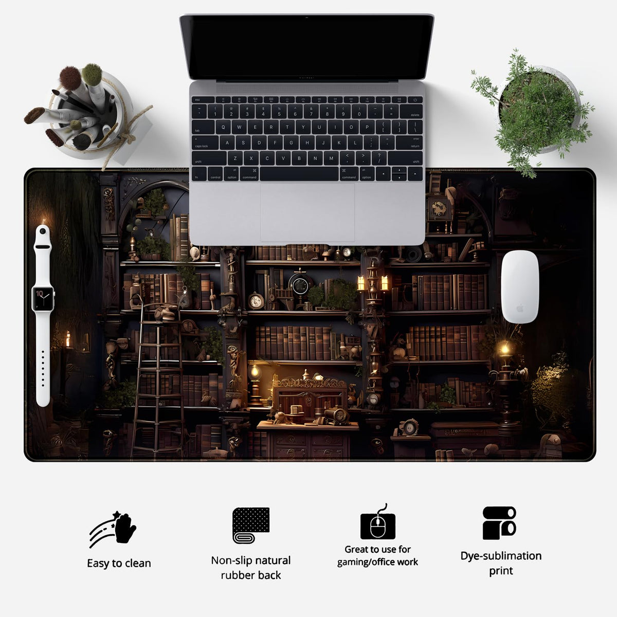 Black Vintage Gothic Desk Mat Black Dark Academia Desk Pad Medieval Bookshelf Large Flower Mouse