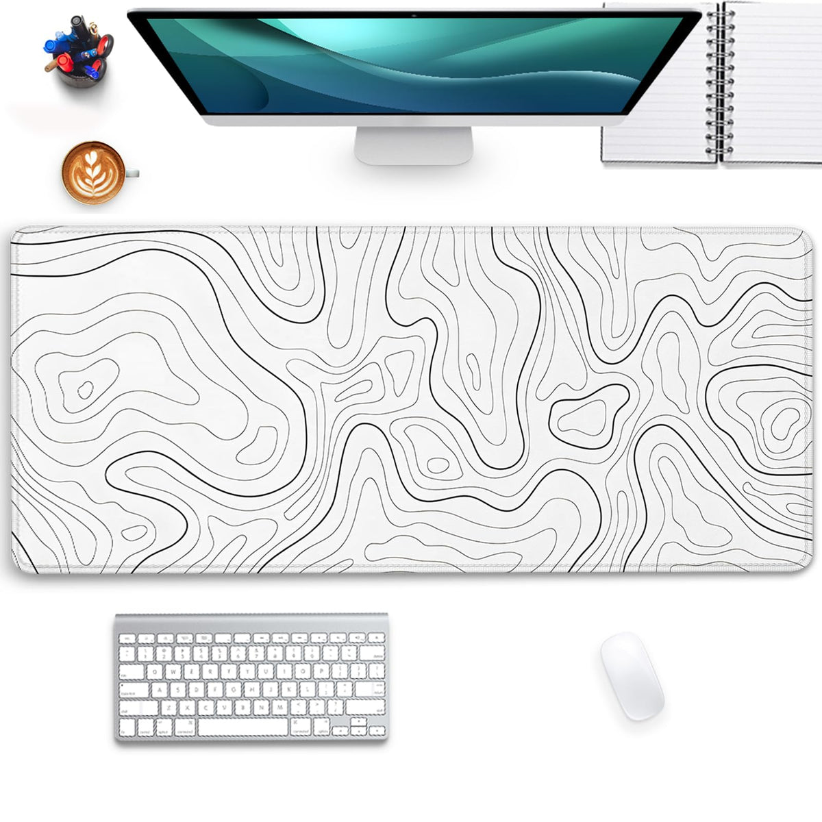 White Topographic Mouse Pad,Gaming Desk Pad with Stitched Edges Non-Slip Rubber Base Extended XL