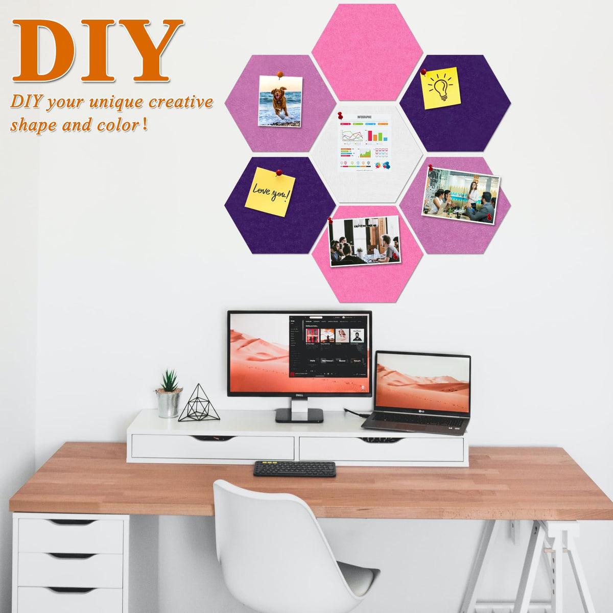 HULAVO Large Hexagon Felt Cork Board Tiles, Self Adhesive DIY Felt Bulletin Board Pin Board with 35