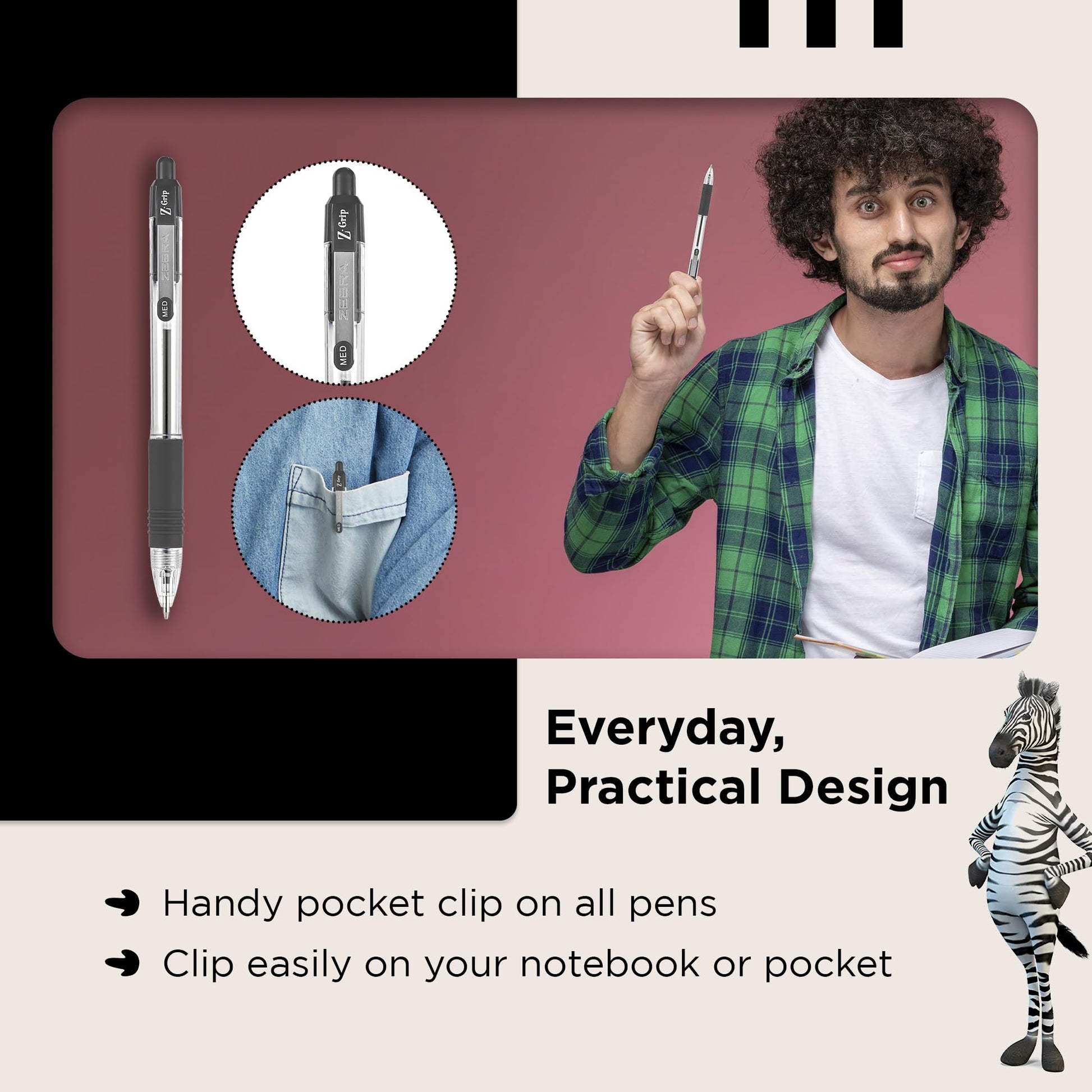 ZEBRA Z GRIP Black Ballpoint Pens, Retractable with smooth ink, comfortable grip and pocket clip