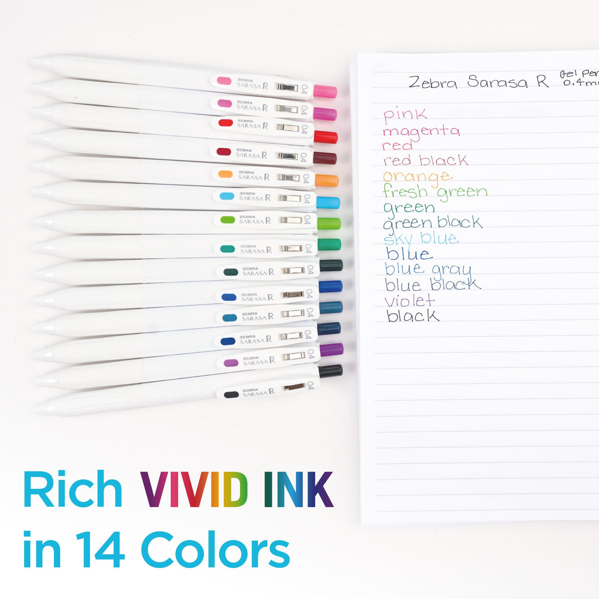 Zebra Pen SARASA R Vivid Gel Retractable Pen, Assorted Ink, 0.4mm, 14-Pack