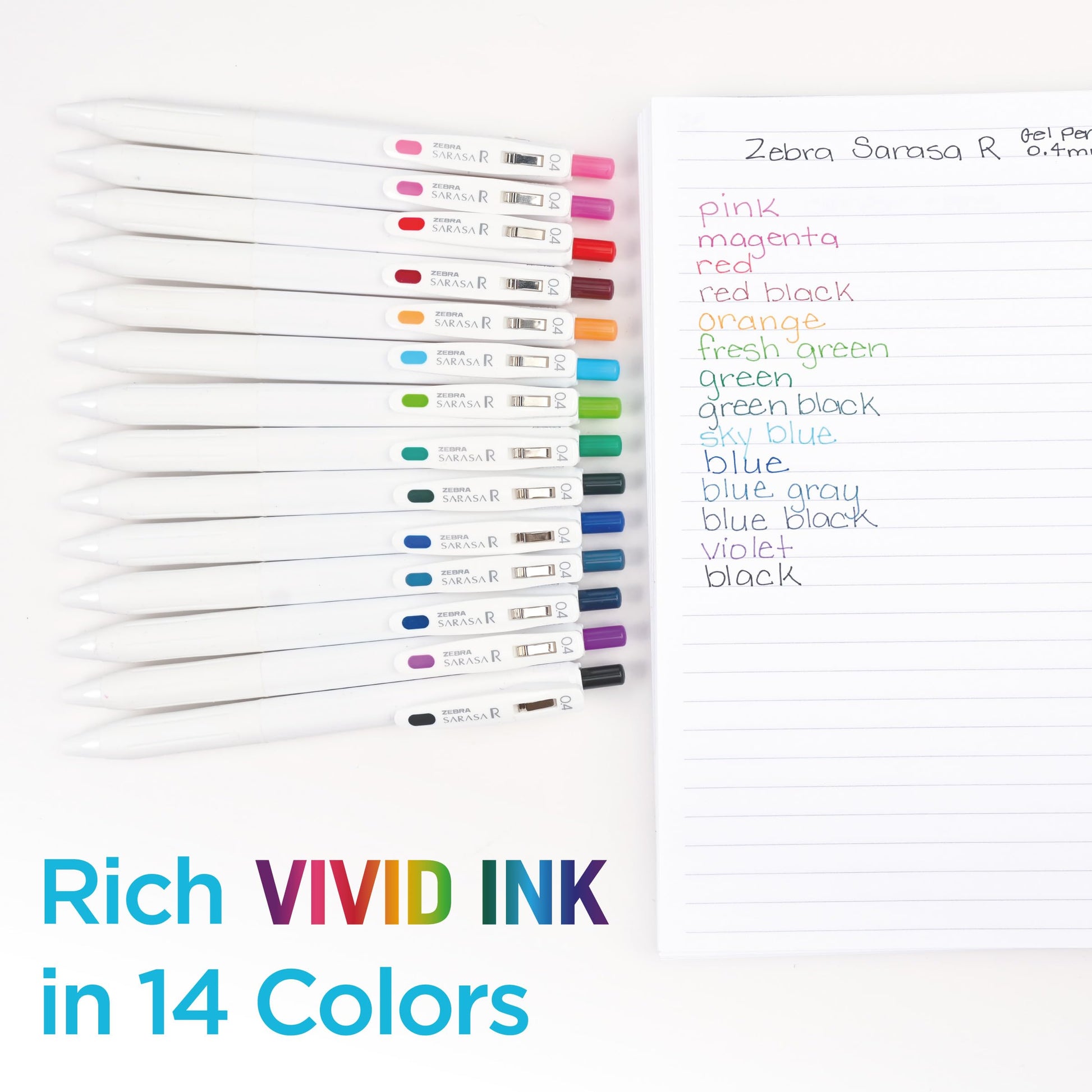 Zebra Pen SARASA R Vivid Gel Retractable Pen, Assorted Ink, 0.4mm, 14-Pack