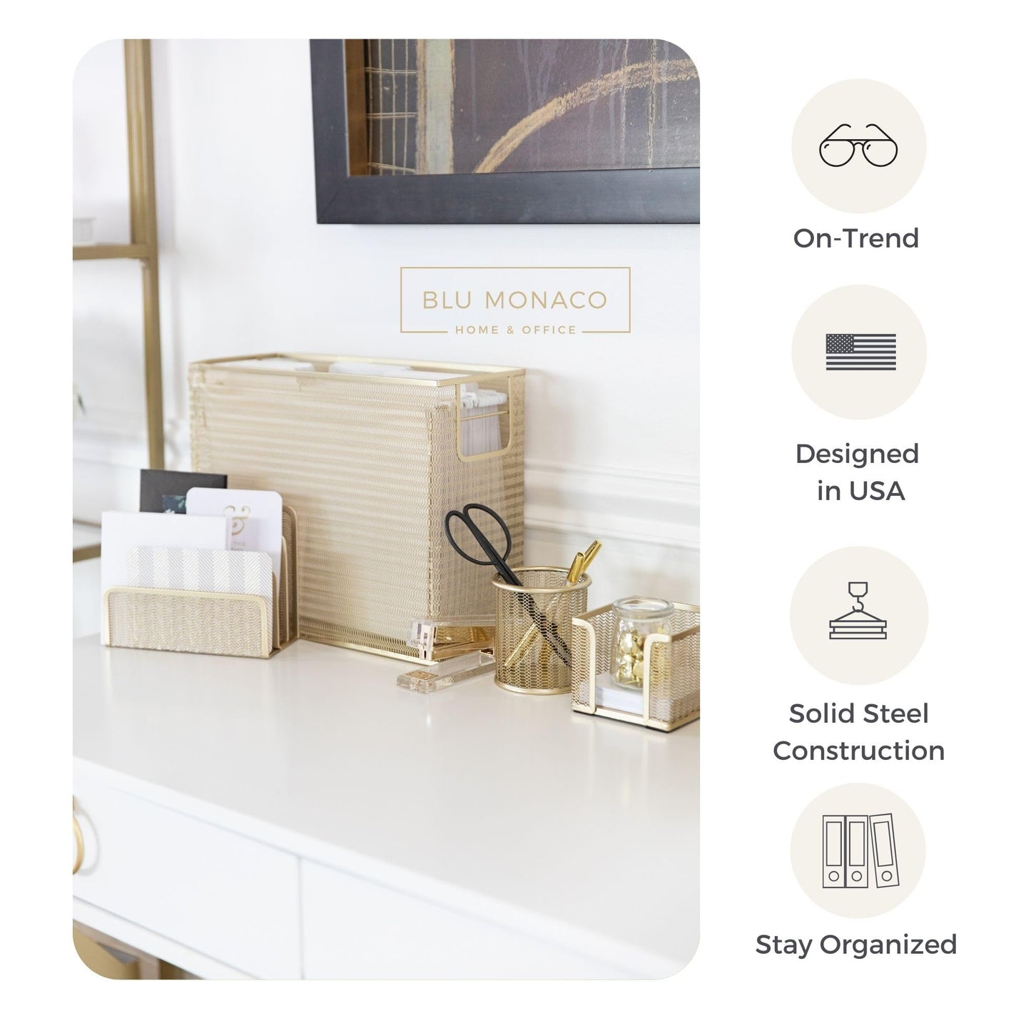 BLU MONACO | Gold Desk File Folder Organizer Set | Desktop Hanging File Organizer with Letter Size