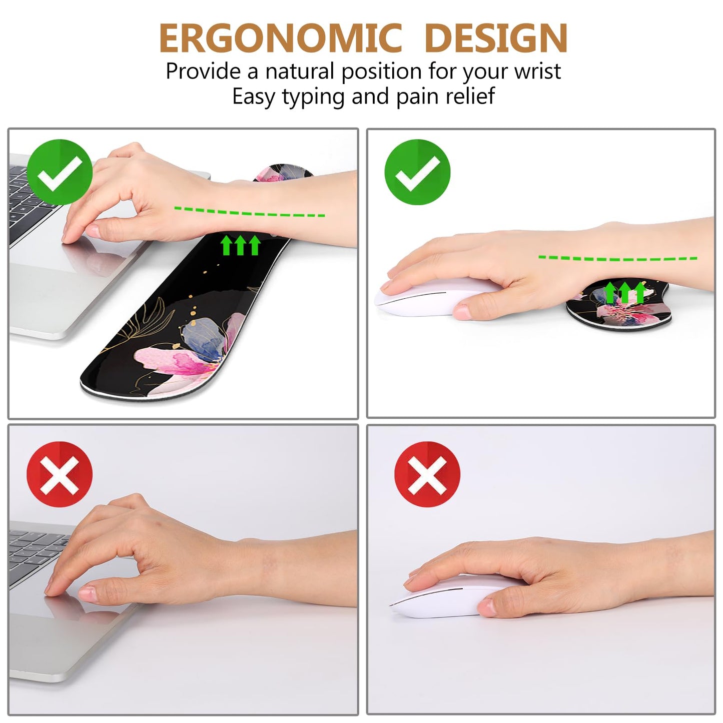 DINKY Desk Mat Black Flower, Large Gaming Mouse Pad with Wrist Rest, 4in1 XXL Mousepad+Keyboard