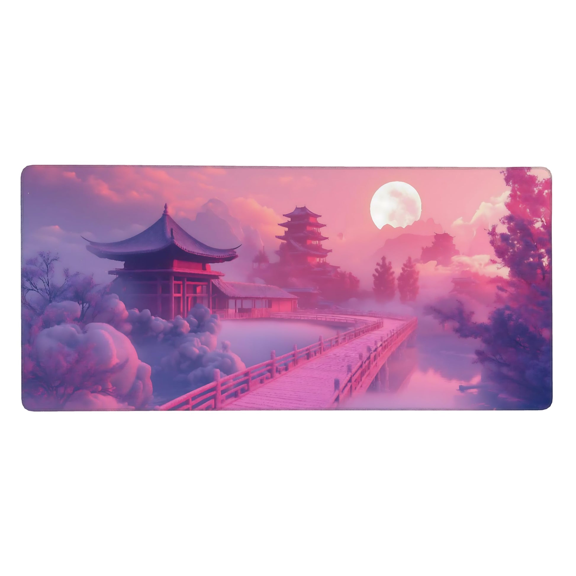 Cute Aesthetic Scenery Gaming Mouse Pad, Pink Japanese Desk Mat with Anti-Slip Base & Stitched