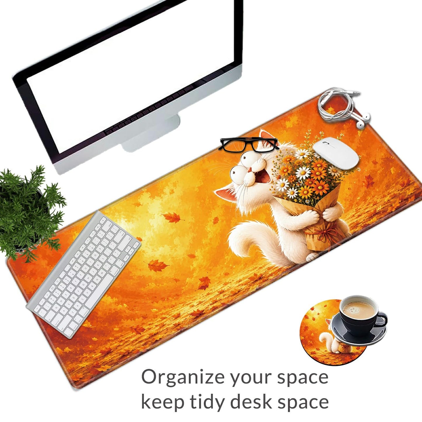 Autumn Flower Cat Large Mouse Pad, 31.5 x 11.8 in Extended Desk Mat