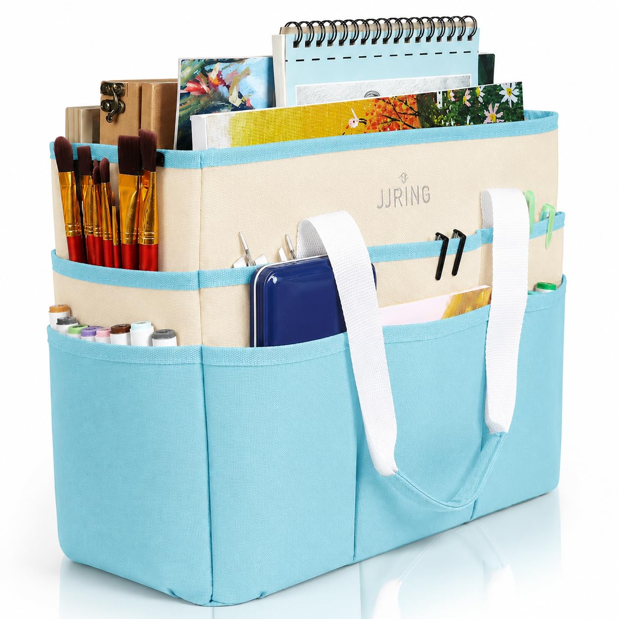 JJRING Craft Organizer Tote Bag Large Art Storage Caddy Sky Blue and Beige