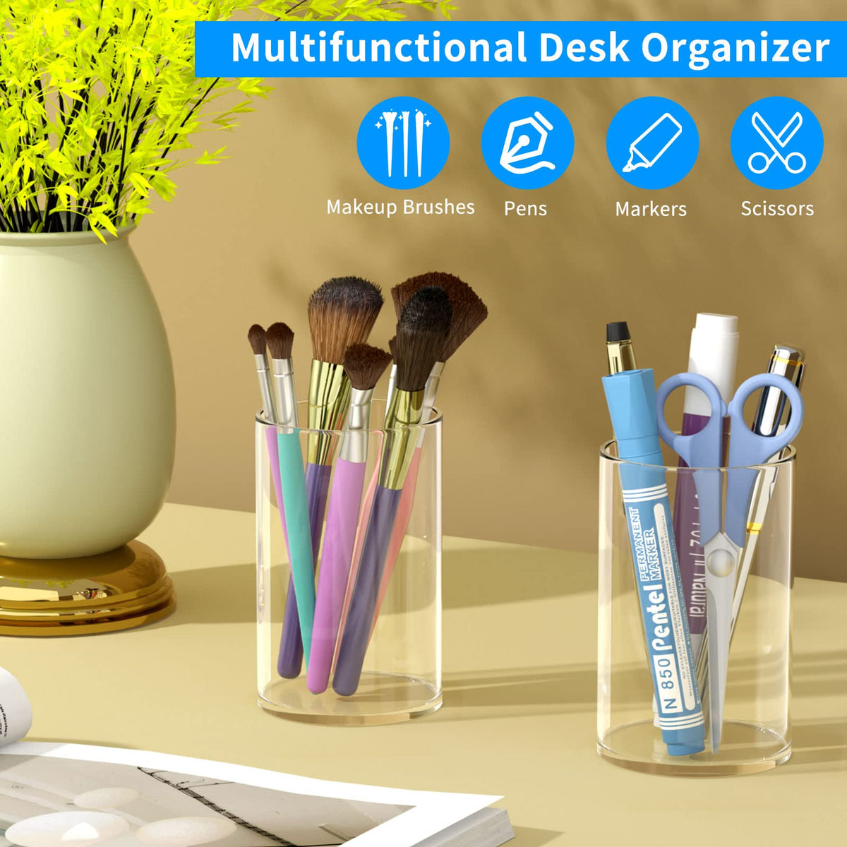 NIUBEE Acrylic Pen Holder for Desk, Clear Round Pencil Cup Organizer 4 Pack