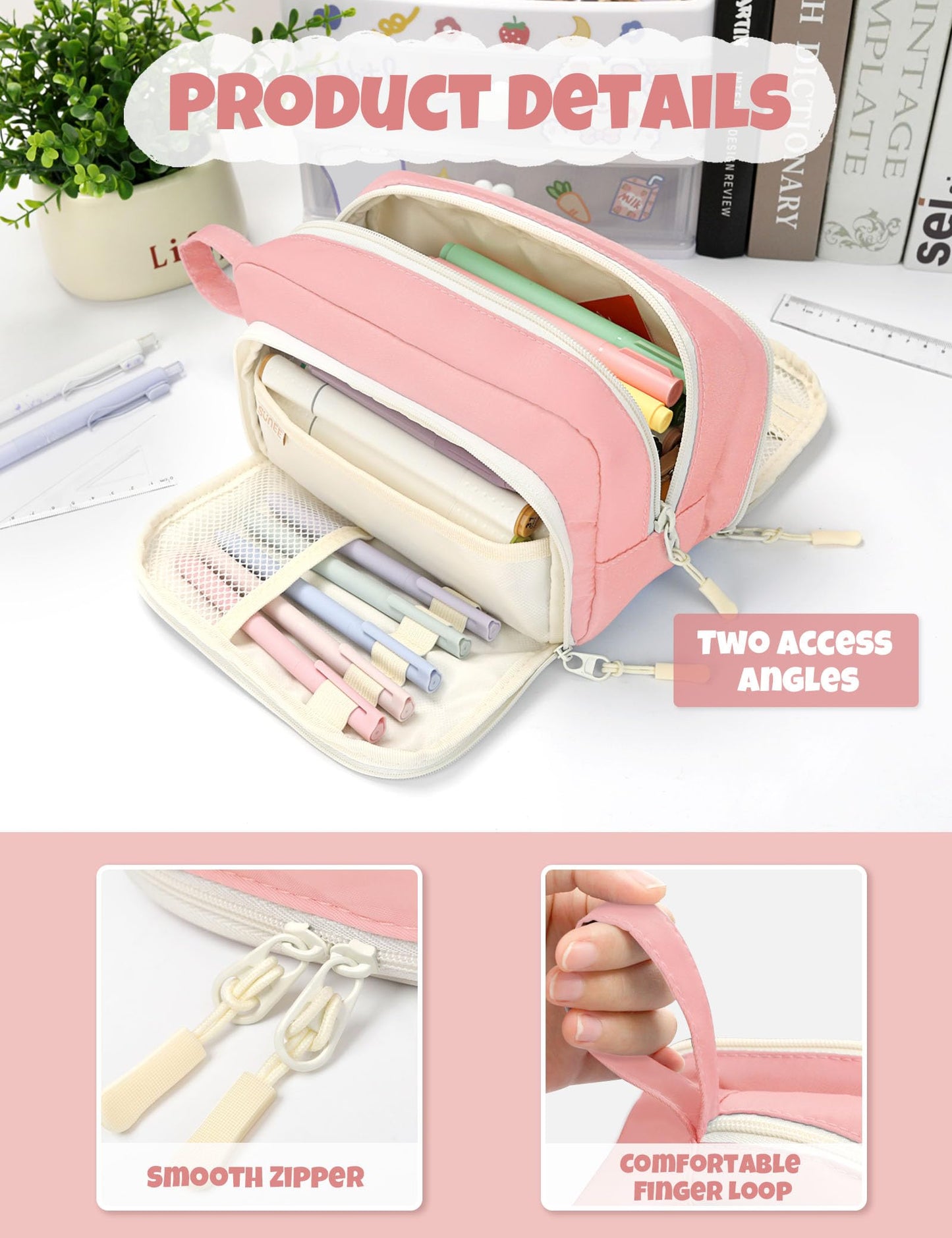 SUNEE Large Pencil Case, Big Capacity Pen Pouch with 3 Compartments, Kawaii Cute Pencil Bag with
