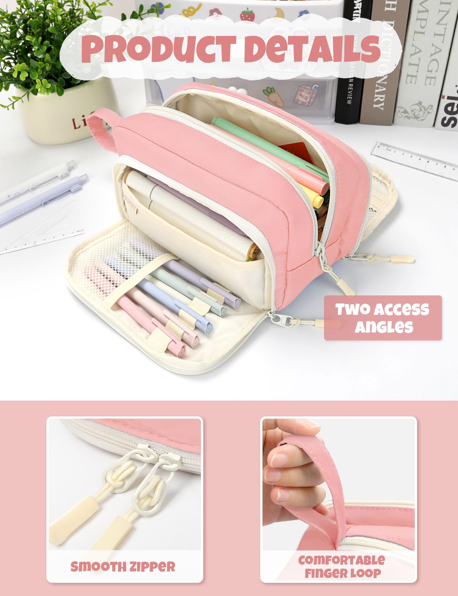 SUNEE Large Pencil Case, Big Capacity Pen Pouch with 3 Compartments, Kawaii Cute Pencil Bag with