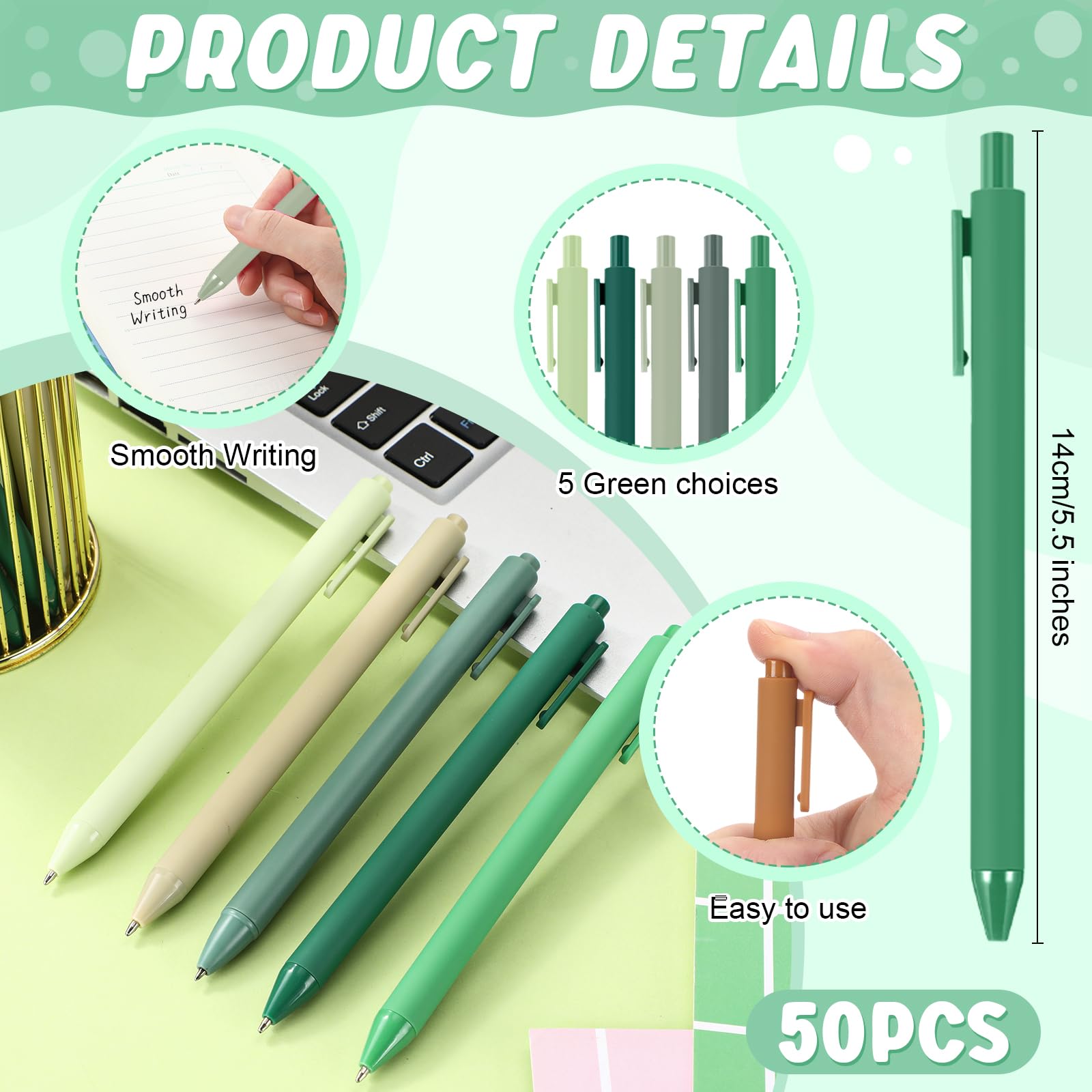 Dinifee 50 Pcs Ballpoint Gel Pens Bulk Retractable, Green Series