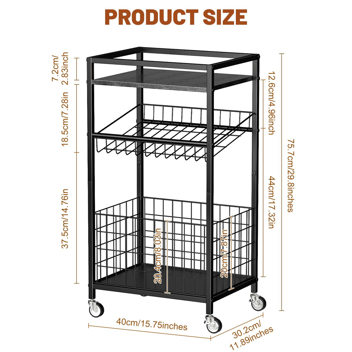 Kssiaz Fruit Vegetable Cart, 3-Tier Snack Cart on Wheels & Wood Top, Black