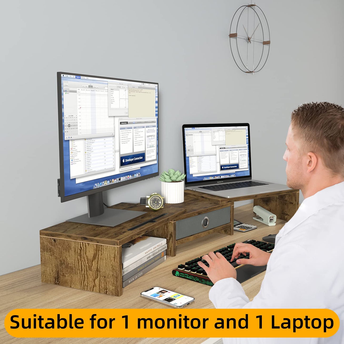 WESTREE Dual Monitor Stand Riser with Drawer, Monitor Stand Riser for 2 Monitors, Adjustable Length
