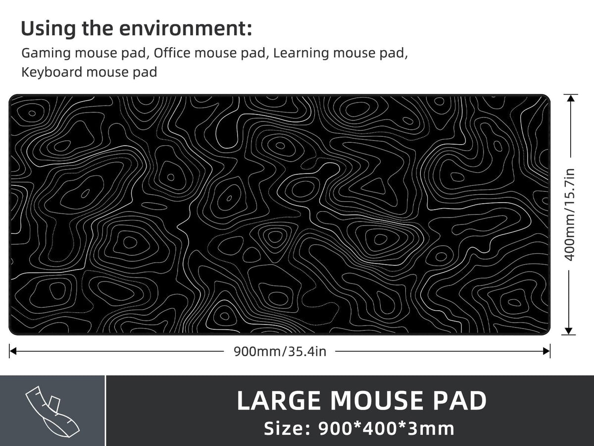 Rinaze Extra Large Gaming Mouse Pad with Black Topographic, XXL Mousepad, Big Mouse Mat Desk Pad