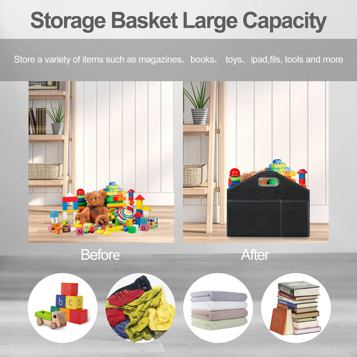 PreTidy PU Leather Magazine Rack Floor foldable Magazine Basket Magazine Holder Organizer Newspaper