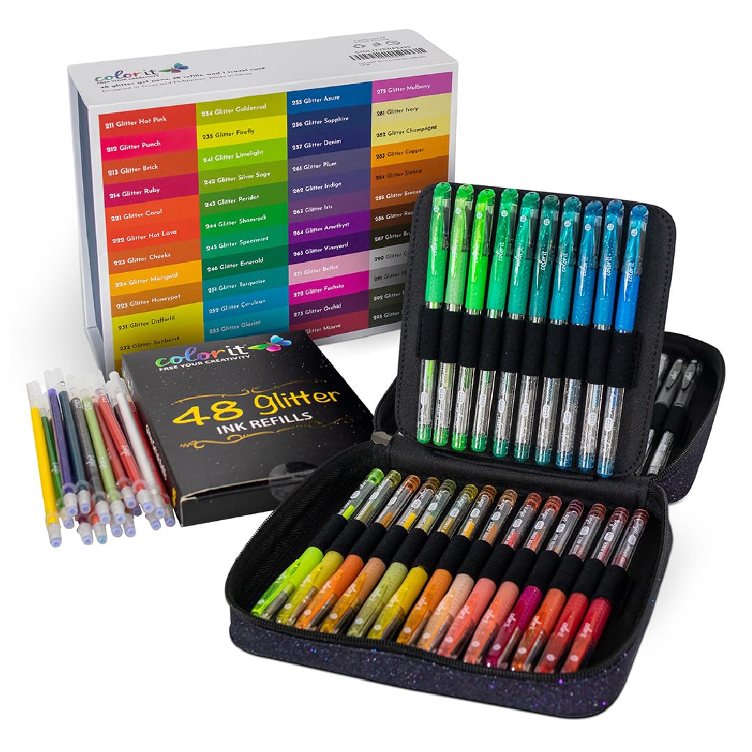 ColorIt Glitter Gel Pens for Coloring – 96 Pack with 48 Premium Glitter Gel Pens & 48 Refills with