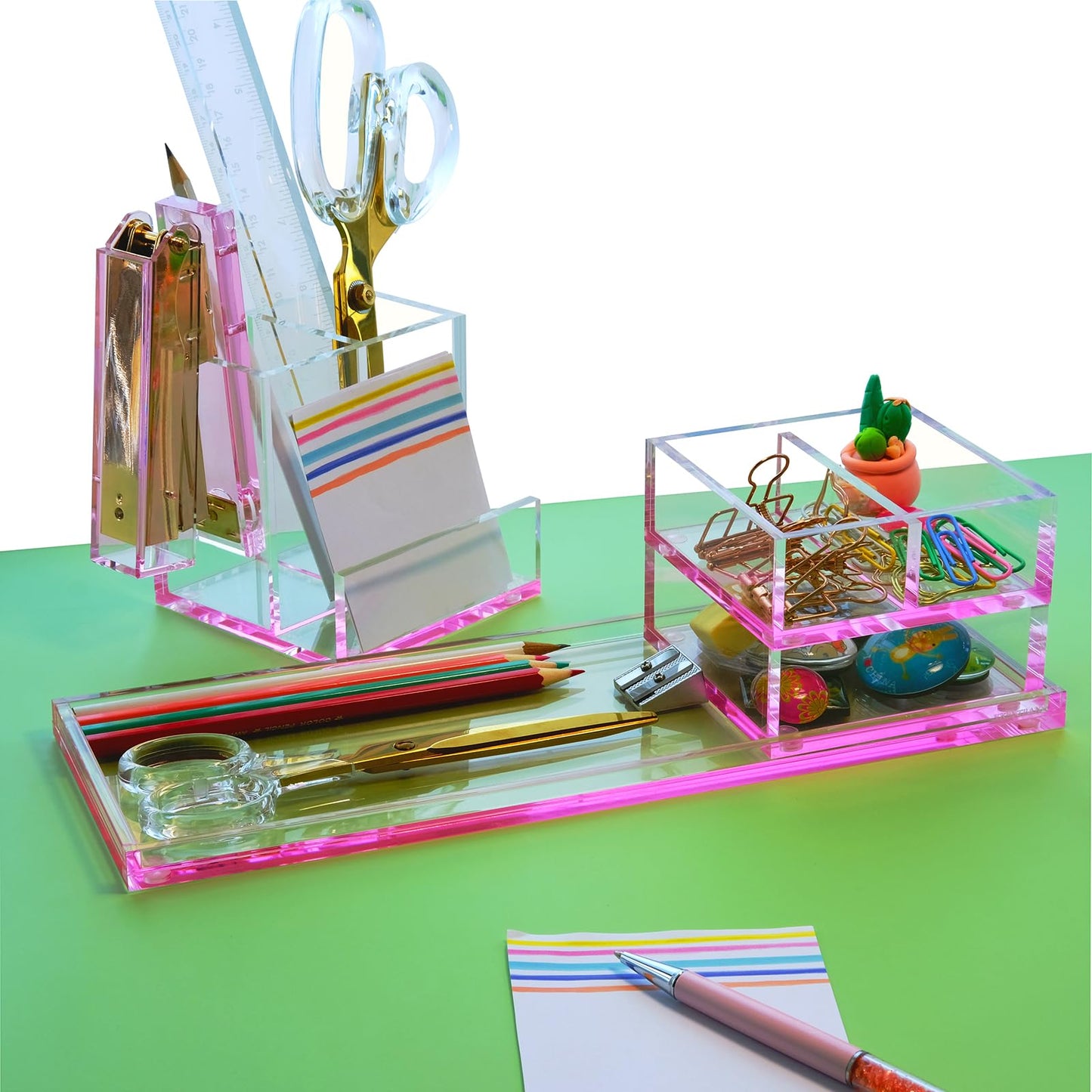 EXPUTRAN Acrylic Desk Organizer 4-Piece Desk Kit + Free Complimentary Acrylic Ruler, Desktop