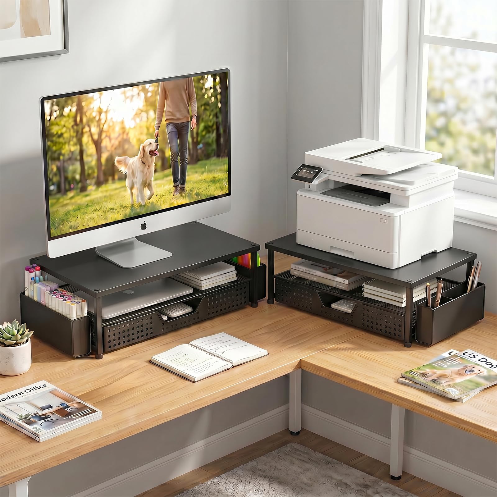 ECOLOVI Desk Organizer and Accessories, 2-Tier Computer Monitor Stand Rise with Storage Drawer & 2