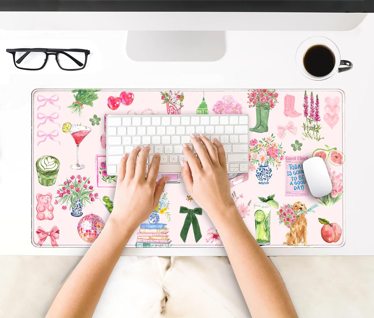 Pink Pastel Floral Desk Mat Cute Kawaii Retro Vintage XXL Large Mouse Pad Flower Desk Pad Mat