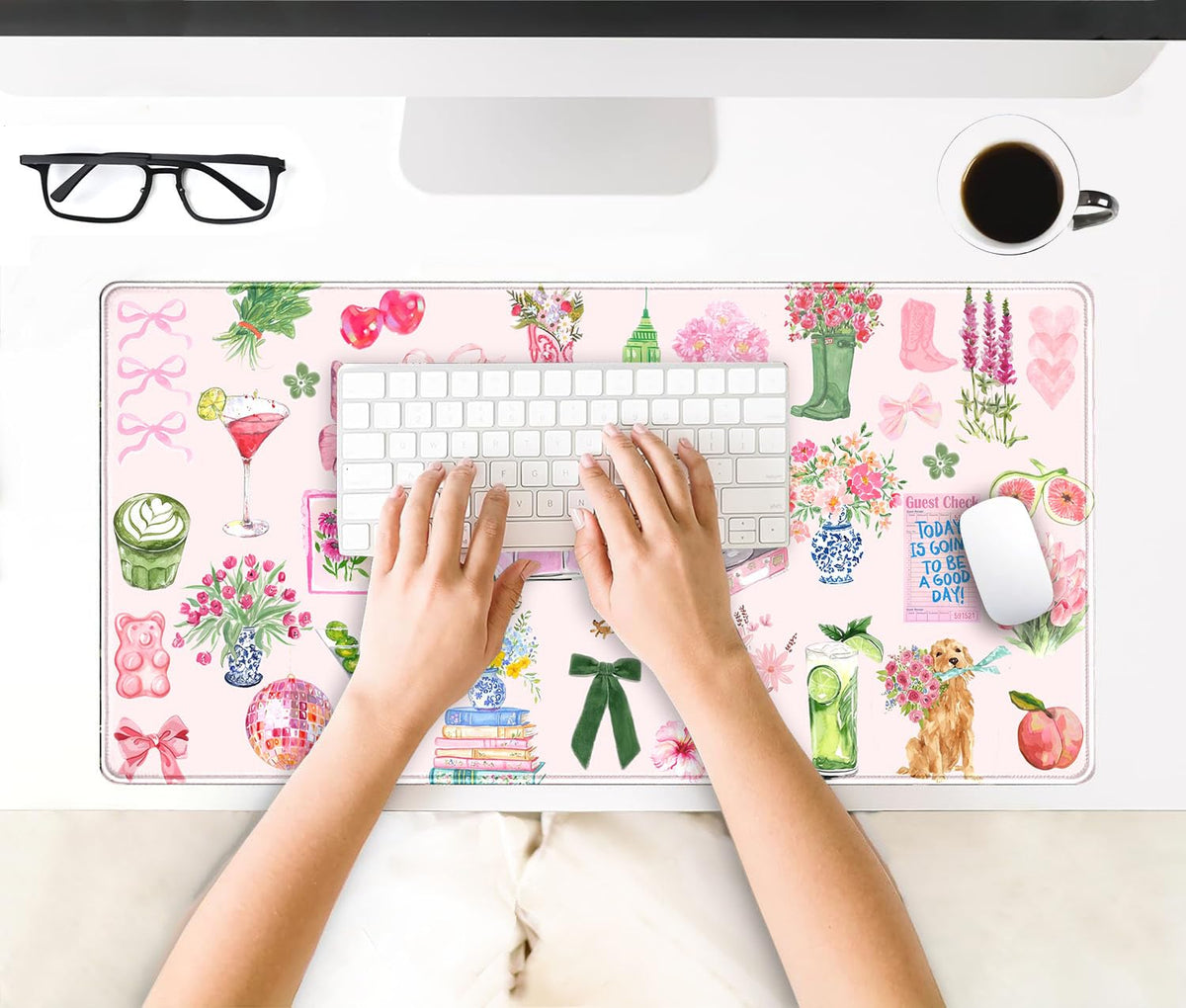 Pink Pastel Floral Desk Mat Cute Kawaii Retro Vintage XXL Large Mouse Pad Flower Desk Pad Mat