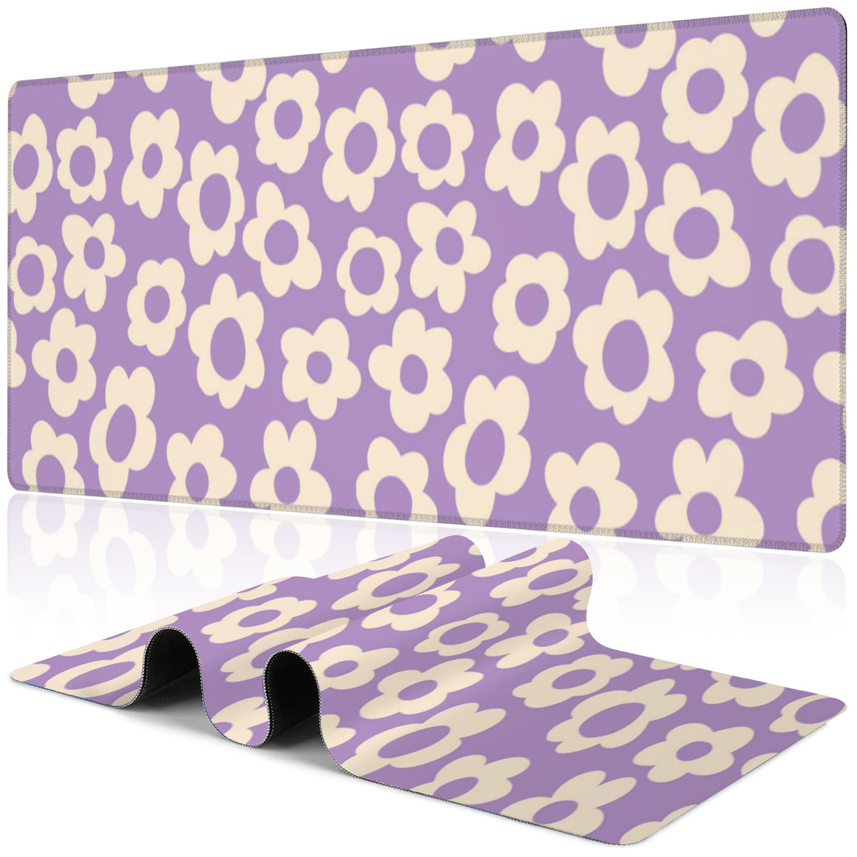 Purple Groovy Flowers Desk Mat,Large Vintage Floral Gaming Keyboard Mouse Pad,Non-Slip Rubber Base