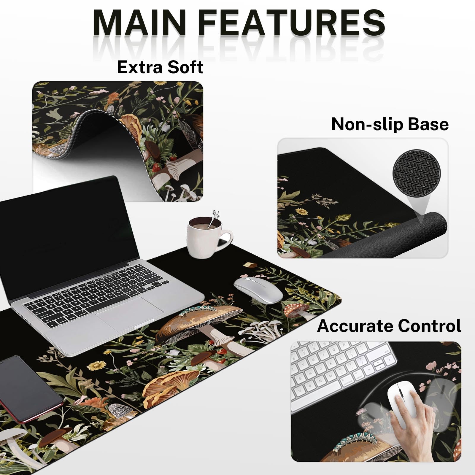 Britimes Keyboard Mouse Pad Set, 4 in 1 Desk Mat Set, Black Mushroom Flora