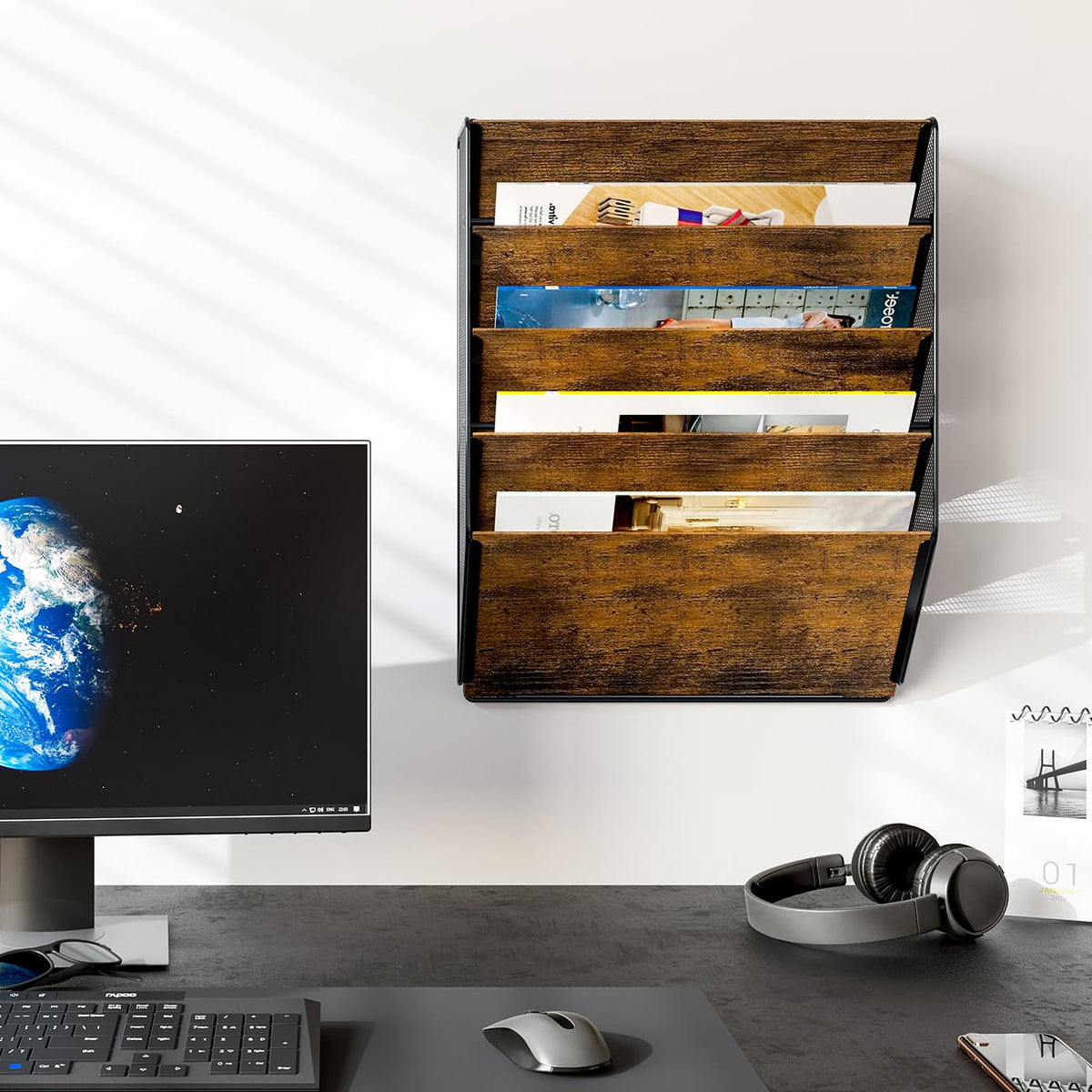 PAG-Mass Wall File Organizer for Office, 5-Tier Rustic Hanging File holder Wall Storage Rack for