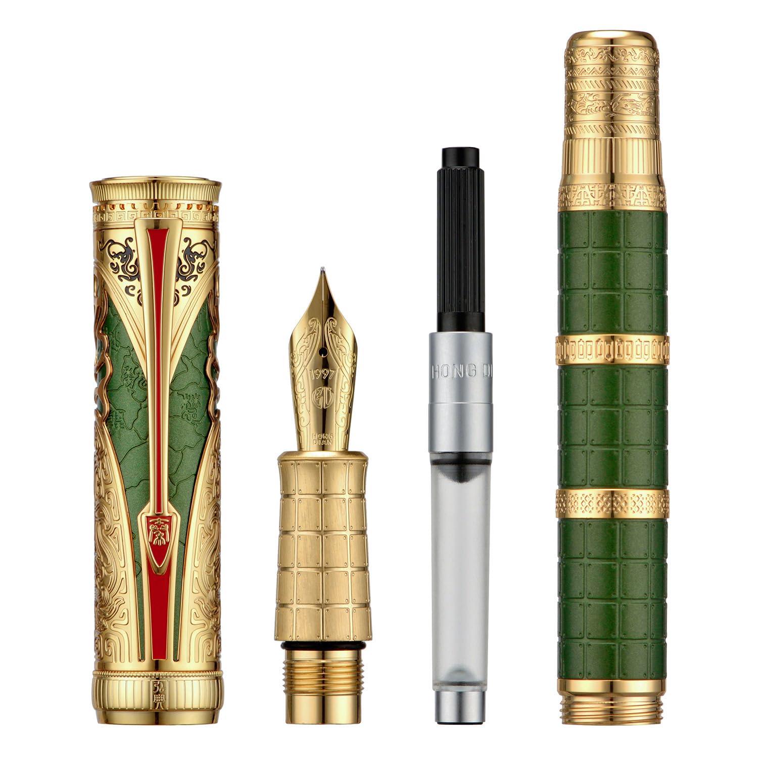 Hongdian D5X Fountain Pen - Green Qin Dynasty Writing Pen with Fine Nib and Converter Set