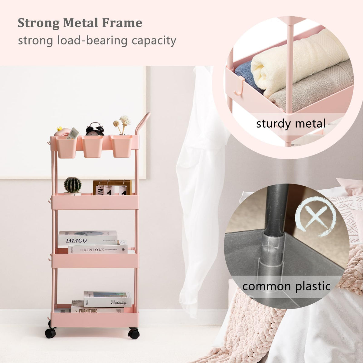 Danpinera 4-Tier Pink Slim Storage Cart, Narrow Laundry Cart with Wheels, Dividers, Hanging Cups