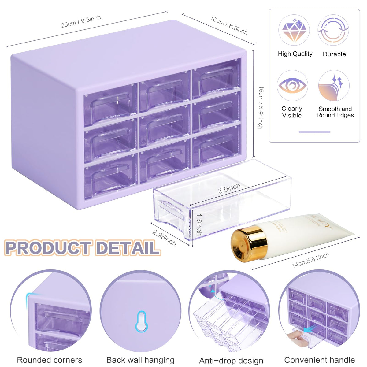 MYKASEN Desk Storage Organizer with 9 Drawers, Clear Plastic Storage Cabinet, Stackable Desk