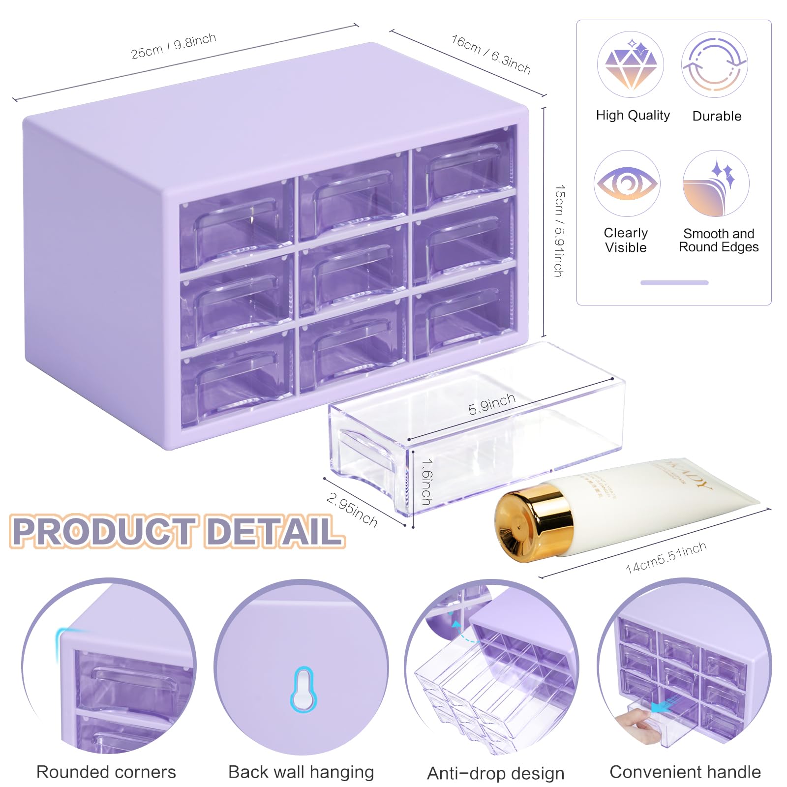 MYKASEN Desk Storage Organizer with 9 Drawers, Clear Plastic Storage Cabinet, Stackable Desk