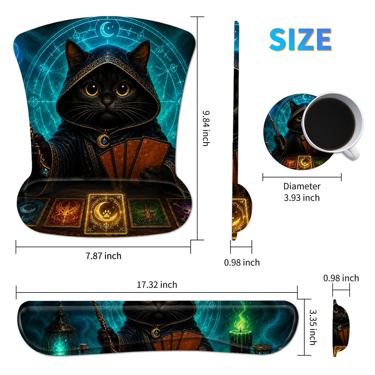 3-in-1 Ergonomic Memory Foam Keyboard Wrist Rest Pad Set, Flame Cat